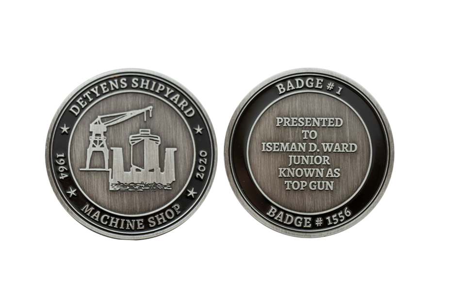 Custom company coins. Coins made from German Silver Antique Soft Enamel in Black. Detyens Shipyard