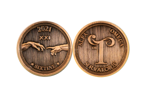 Copper Antique Coins. Connecting hands embossed on custom-made coins.
