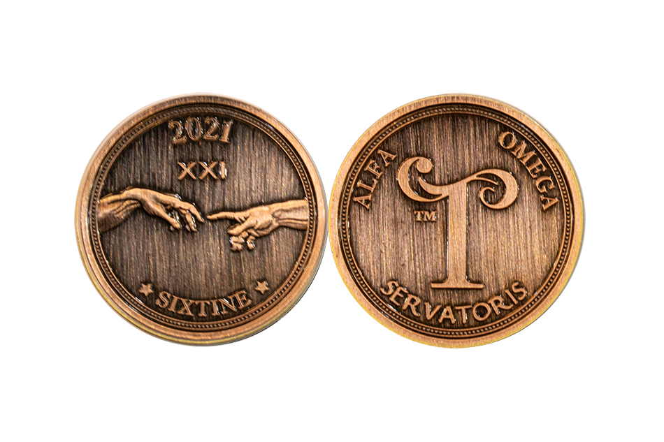 Copper Antique Coins. Connecting hands embossed on custom-made coins.