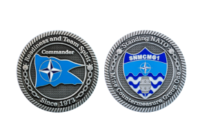 Nato Challenge Coins, Customized in Antiqued Silver and Blue Soft Enamel