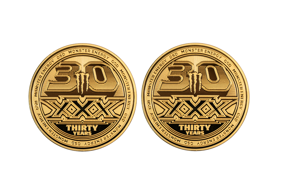 Company Anniversary Coins made from Gold. Polished Plate Finish. 30 Years Monster Energy