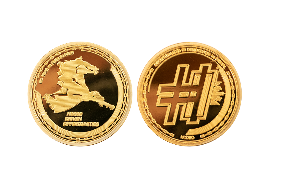Custom Gold Coins for Peers, Polished Plate Finish. Horse Driven Peer Coins.