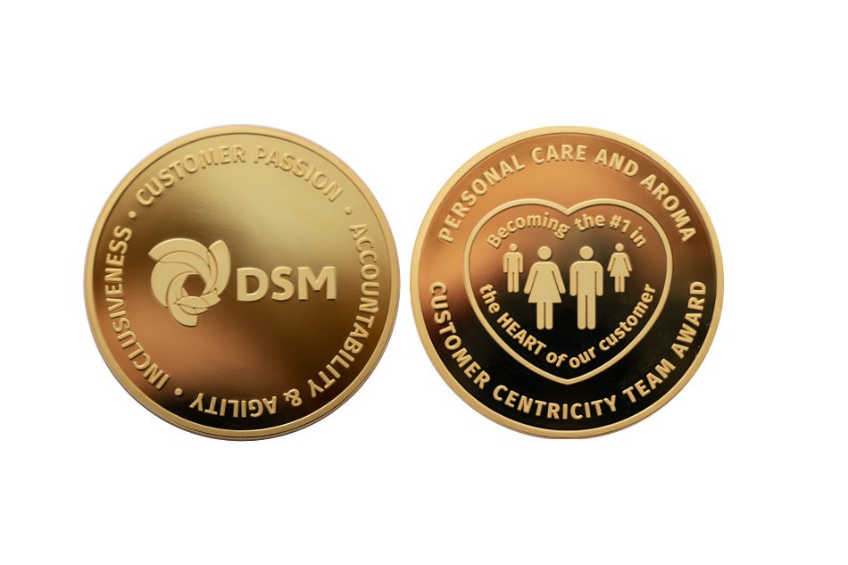 Custom Gold Coins, Polished Plate, DSM Coins, Care Coins