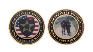 Custom made coin in bronze with print and lacquer cover