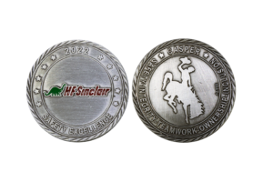 Custom Silver Coins. Branding Coins in Antique FInish with wavy border, logo and soft enamel details