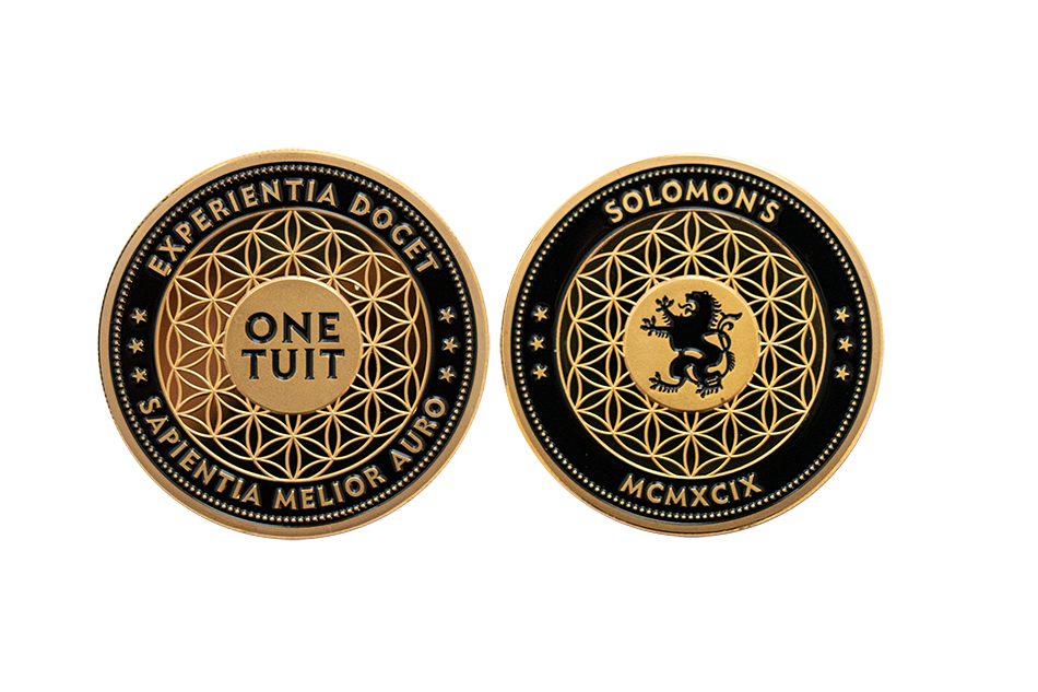 Gold and Black Coins. Custom Design Embossed with Glossy Soft Enamel Color.