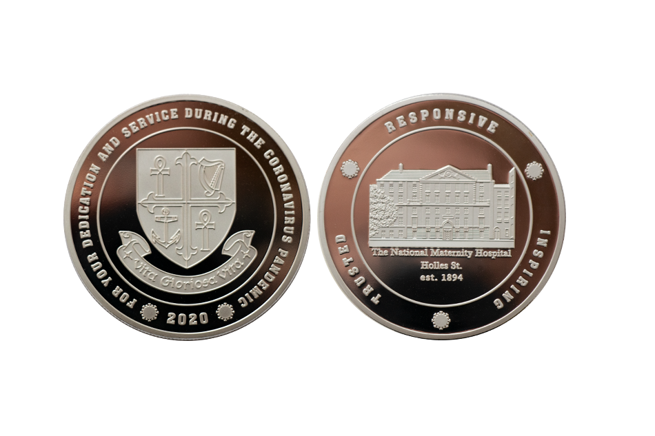 Custom Hospital Coins. Custom Silver Coins embossed in Polished Plate Finish.