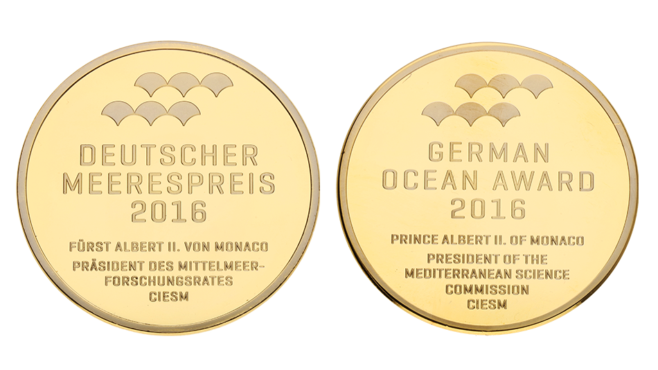 Ocean Award Coins. Custom-Minted Bronze Coins with 24K Plating in Polished Plate Finish