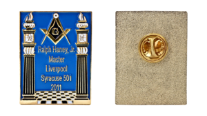 Custom pin embossed in rectangular shape with soft enamel color highlights