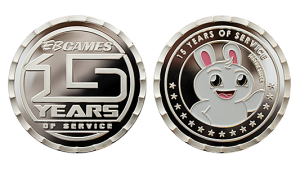 Custom coins for anniversaries_ individual embossed coins with enamel colors and wave cut edges