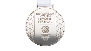 Custom engraved silver sports medals with white ribbons