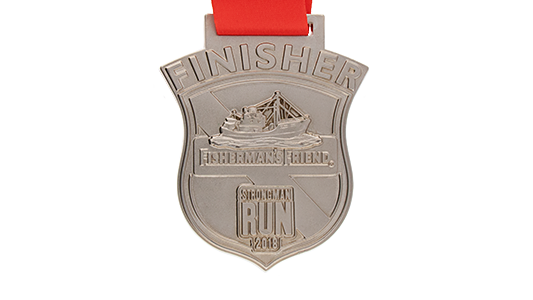 Custom-minted coin in irregular shape as Sporting event Finisher medal with ribbon.