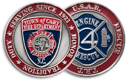 Firefighter Challenge Coins with town crest and soft enamel